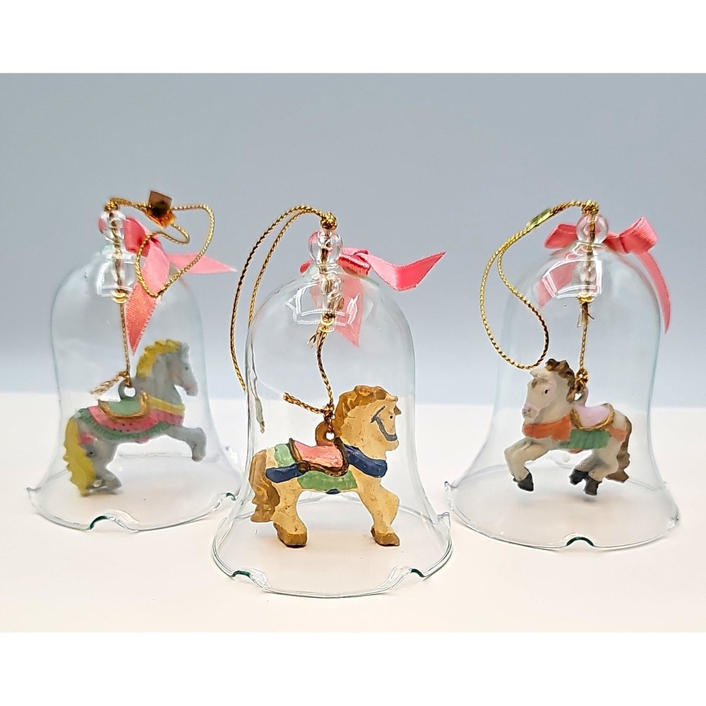 Set of 3 Glass Horse Bell Hanging Ornaments with Pink Ribbon & Gold Cord